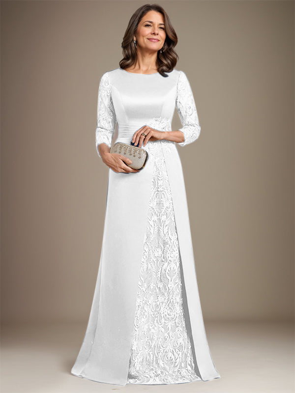 Vestido de madre de la novia de satén con encaje, corte A, largo hasta el suelo y apliques