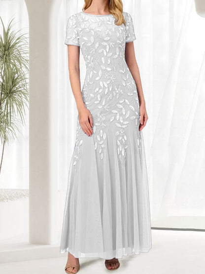 Blue Mermaid Round Neck Long Mother of the Bride Dress With Beadings