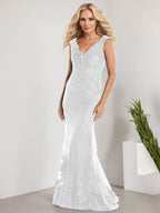 Vestido de novia de gasa con encaje, escote en V y largo hasta el suelo, con apliques de lentejuelas, estilo sirena