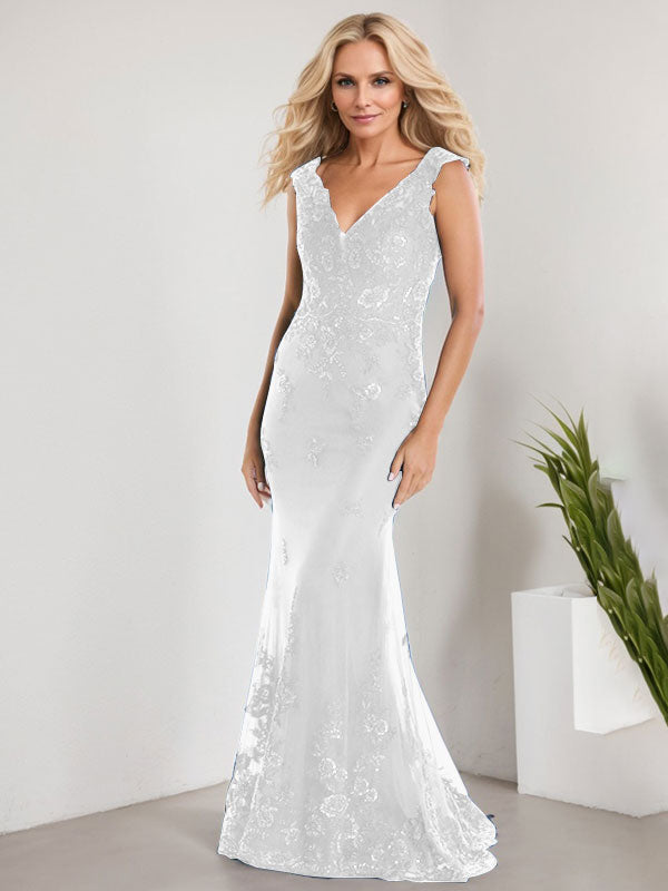 Vestido de novia de gasa con encaje, escote en V y largo hasta el suelo, con apliques de lentejuelas, estilo sirena