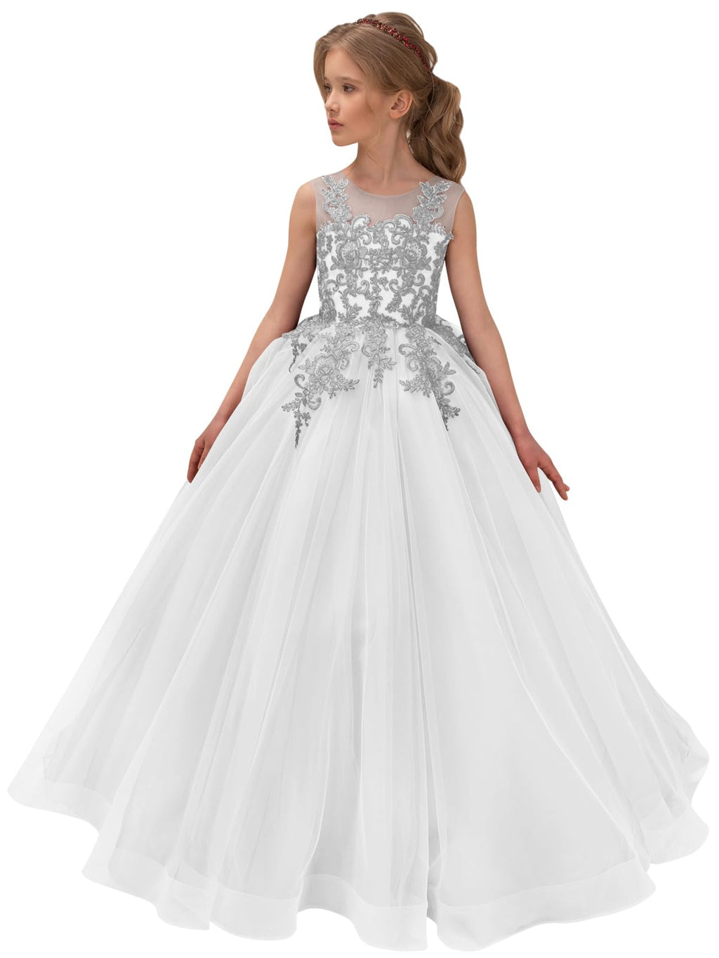 Blumenmädchenkleider aus Spitzentüll für Hochzeiten, Festkleid aus floraler Spitze für Teenager 