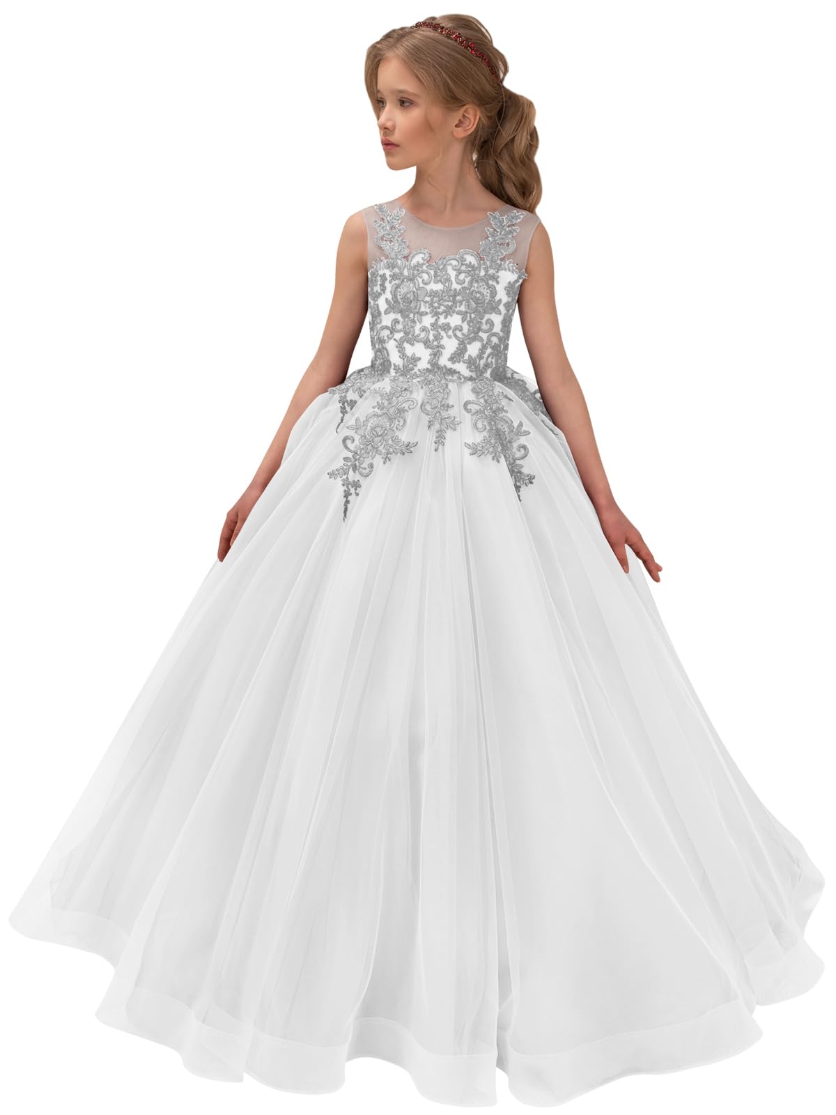 Blumenmädchenkleider aus Spitzentüll für Hochzeiten, Festkleid aus floraler Spitze für Teenager 