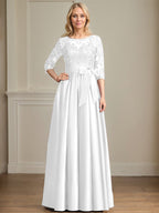 Vestido de madre de la novia de satén con encaje, corte A, escote ilusión, largo hasta el suelo, con lazo de lentejuelas