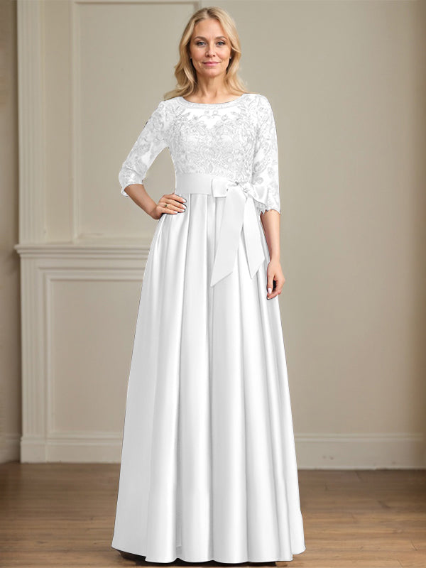 Vestido de madre de la novia de satén con encaje, corte A, escote ilusión, largo hasta el suelo, con lazo de lentejuelas