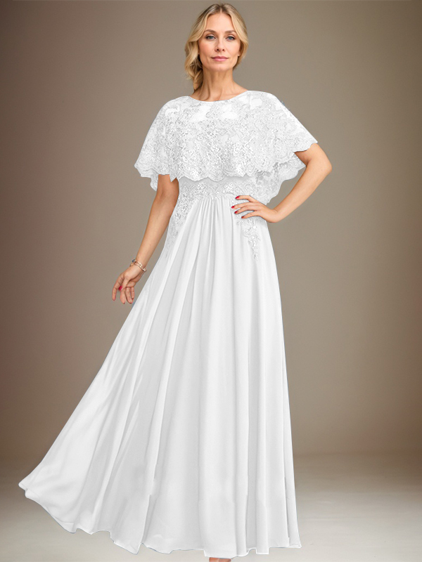 A-line Boat Neck Floor-Length Lace Chiffon Mother of the Bride Dress With Applique Sequins
