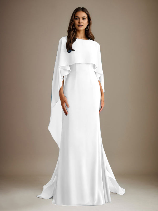 Vestido de gasa para madre de la novia, largo hasta el suelo, con escote barco y corte tubo/columna y volantes en cascada