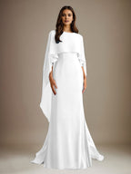 Vestido de gasa para madre de la novia, largo hasta el suelo, con escote barco y corte tubo/columna y volantes en cascada