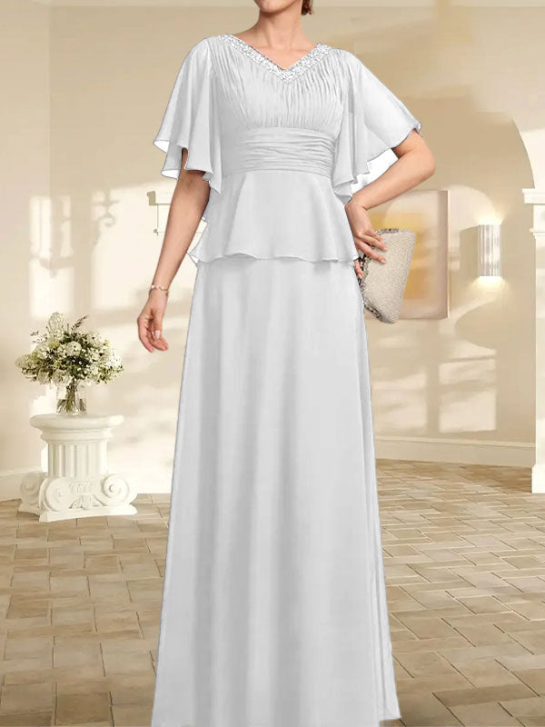 A-Linien-Kleid aus Chiffon mit V-Ausschnitt und bodenlangem Schnitt für die Brautmutter mit plissierten Perlen