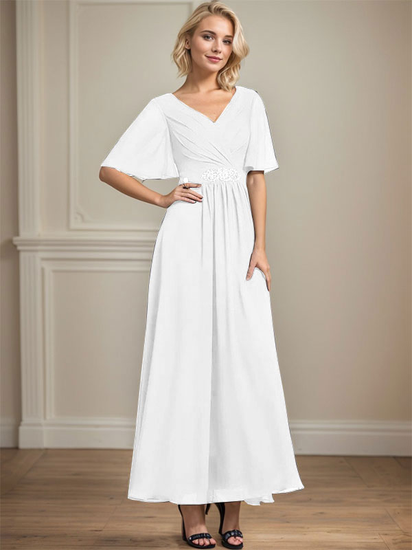 Vestido de gasa para madre de la novia con escote en V, largo hasta los tobillos, corte A y lentejuelas plisadas con cuentas