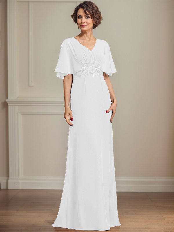 A-Linie V-Ausschnitt Bodenlanges Chiffonkleid für die Brautmutter mit plissierten Paillettenapplikationen Spitze