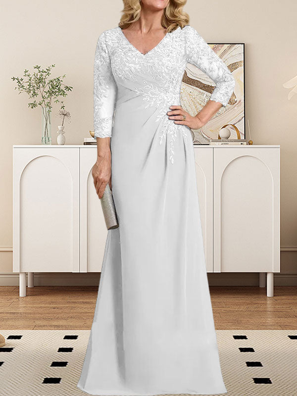 Vestido de madre de la novia de gasa con encaje, escote en V, ilusión, largo hasta el suelo, con lentejuelas plisadas