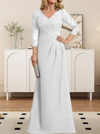 Vestido de madre de la novia de gasa con encaje, escote en V, ilusión, largo hasta el suelo, con lentejuelas plisadas