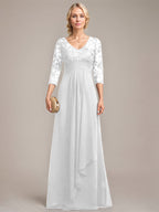 A-Linie V-Ausschnitt Bodenlanges Spitzen-Chiffon-Kleid für die Brautmutter mit kaskadierenden Rüschen und Pailletten 