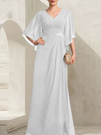Vestido de gasa para madre de la novia, con escote en V, largo hasta el suelo, con lentejuelas plisadas y abalorios