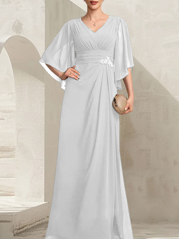 Etui-Linie/Säule V-Ausschnitt Bodenlang Chiffon Kleid für die Brautmutter mit Plissee Pailletten Perlenbesatz