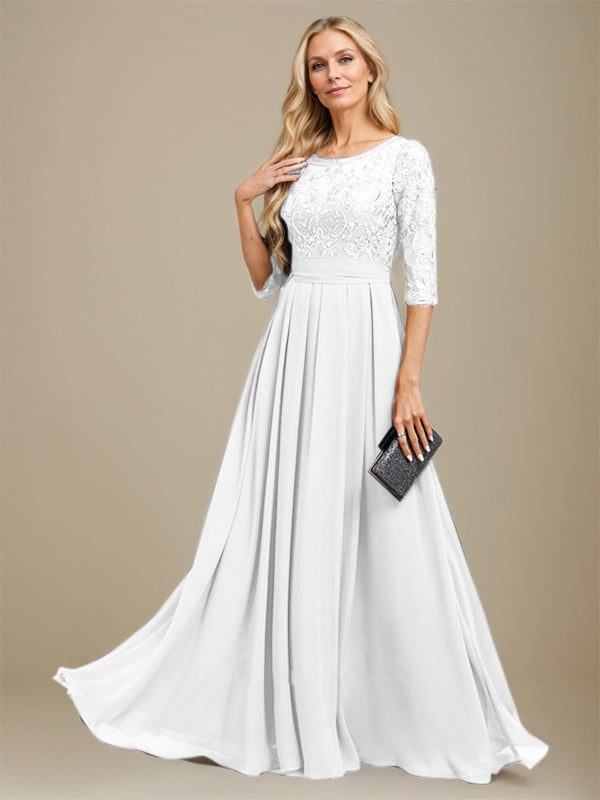 Vestido de madre de la novia de gasa con encaje, corte A, largo hasta el suelo y apliques de lentejuelas