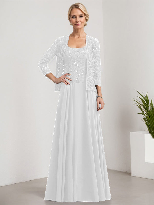 Vestido de madre de la novia de gasa con encaje, corte A, largo hasta el suelo, cuadrado y lentejuelas