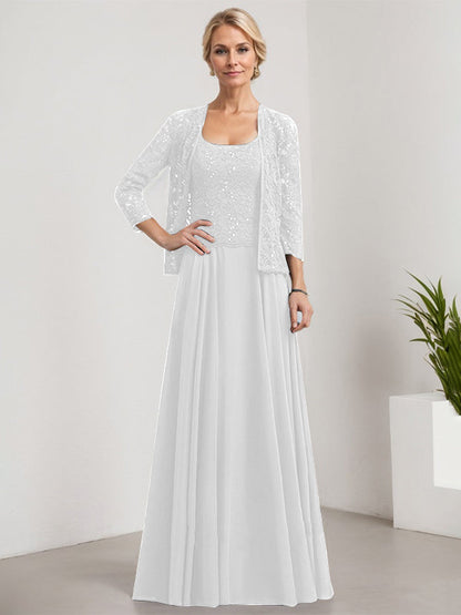 A-Linie Quadratisches Bodenlanges Spitzen-Chiffon-Kleid für die Brautmutter mit Pailletten 