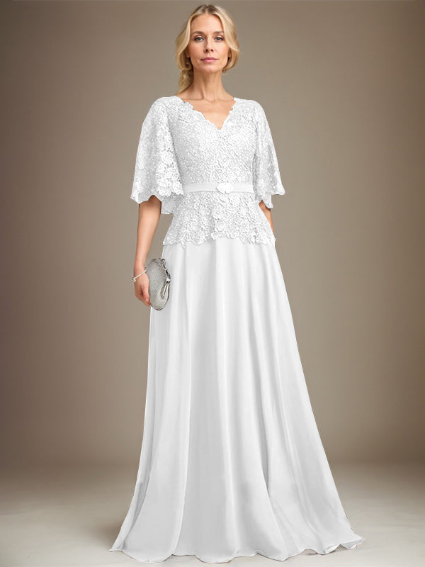 A-Linie V-Ausschnitt Bodenlanges Chiffon-Spitzenkleid für die Brautmutter mit Kristallbrosche und Strass 