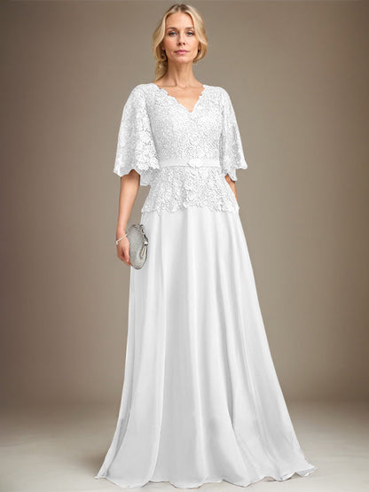 A-Linie V-Ausschnitt Bodenlanges Chiffon-Spitzenkleid für die Brautmutter mit Kristallbrosche und Strass 