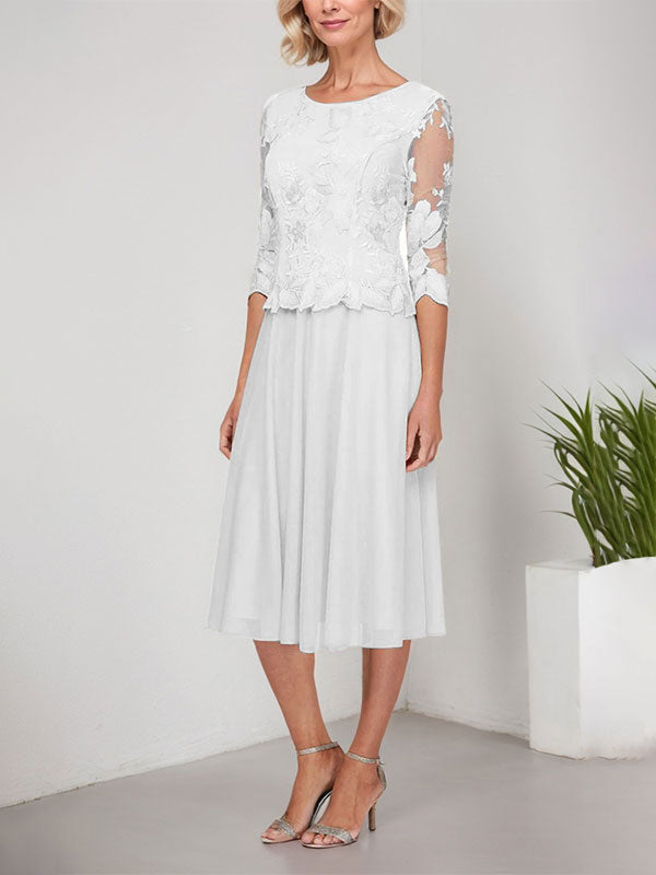 Vestido de gasa con encaje y bordado para madre de la novia, corte A, escote redondo y largo hasta la rodilla