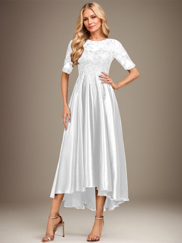 Vestido de madre de la novia de encaje satinado elástico asimétrico con ilusión de escote redondo y lentejuelas