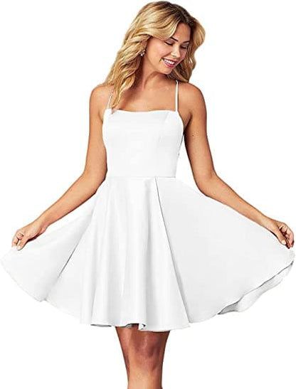 Spaghetti Straps Homecoming Dress Short Satin Puffy Cocktail SYH1