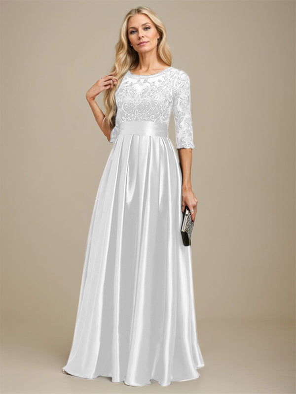 Vestido de madre de la novia de satén elástico con encaje, corte A, escote ilusión, largo hasta el suelo, con lazo y lentejuelas