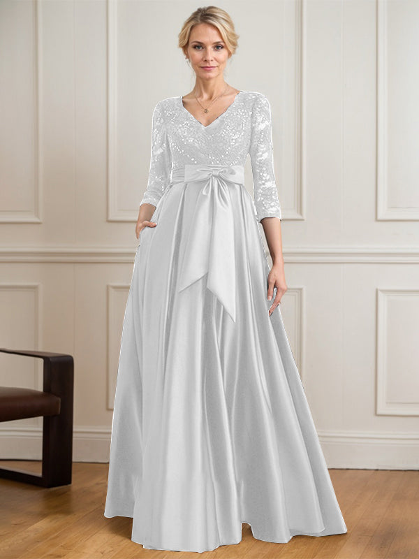 A-Linie V-Ausschnitt Bodenlanges Satin-Spitzenkleid für die Brautmutter mit Paillettenschleife 