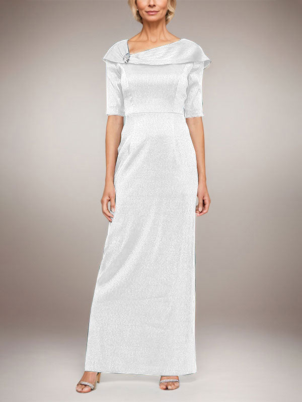 Vestido largo de columna brillante con puños doblados, escote en L y mangas hasta el codo