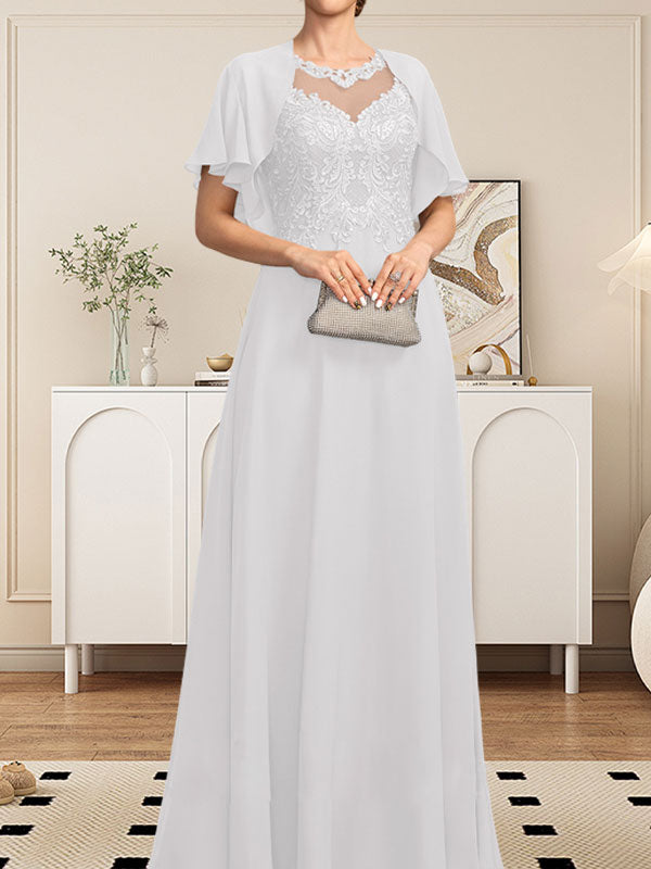 Vestido de gasa con encaje y lentejuelas para madre de la novia, corte A, escote ilusión, largo hasta el suelo