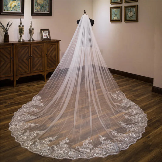 Wholesale white Ivory 3*3 Meter Cathedral wedding veils Lace Appliques Bridal veil-payinti