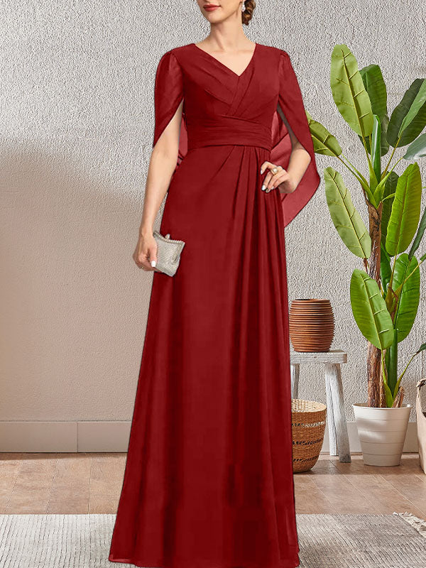 Vestido largo azul marino oscuro con escote en V y corte A para madre de la novia