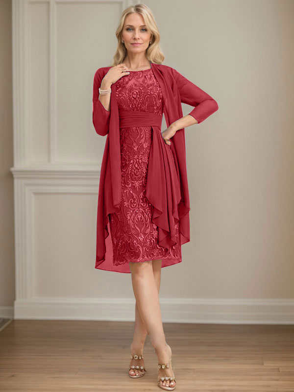 Vestido de madre de la novia de gasa con encaje, escote redondo, ilusión, largo hasta la rodilla, con volantes en cascada y lentejuelas