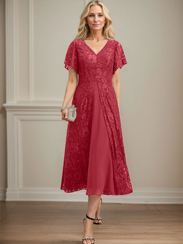 Vestido de gasa con encaje y escote en V para madre de la novia, largo hasta la rodilla