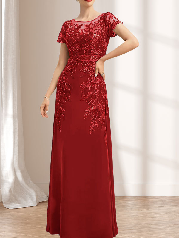Vestido de madre de la novia de gasa con encaje, escote redondo, ilusión, largo hasta el suelo, con lentejuelas