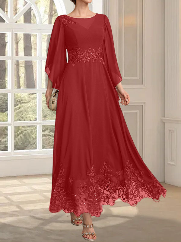 Vestido de gasa con encaje y lentejuelas para madre de la novia, corte A, escote ilusión, largo hasta los tobillos