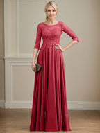 Vestido de gasa con encaje y lentejuelas para madre de la novia, corte A, escote ilusión, largo hasta el suelo