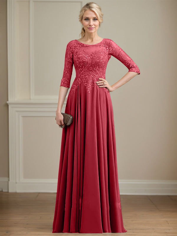 Vestido de gasa con encaje y lentejuelas para madre de la novia, corte A, escote ilusión, largo hasta el suelo