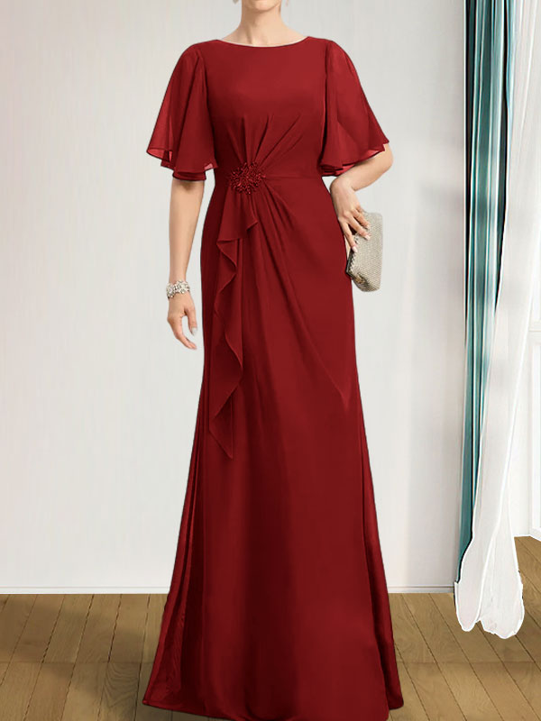 Vestido de gasa para madre de la novia, corte A, escote redondo, largo hasta el suelo, con volantes en cascada, cuentas y lentejuelas