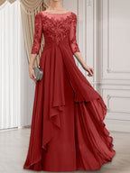 Vestido de gasa con encaje, corte A, escote ilusión, largo hasta el suelo, para madre de la novia con volantes en cascada