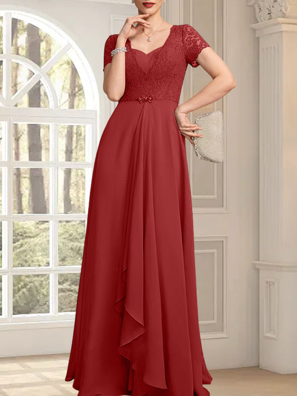 Vestido de madre de la novia de gasa con encaje, corte en A, escote corazón, largo hasta el suelo, con volantes en cascada y cuentas