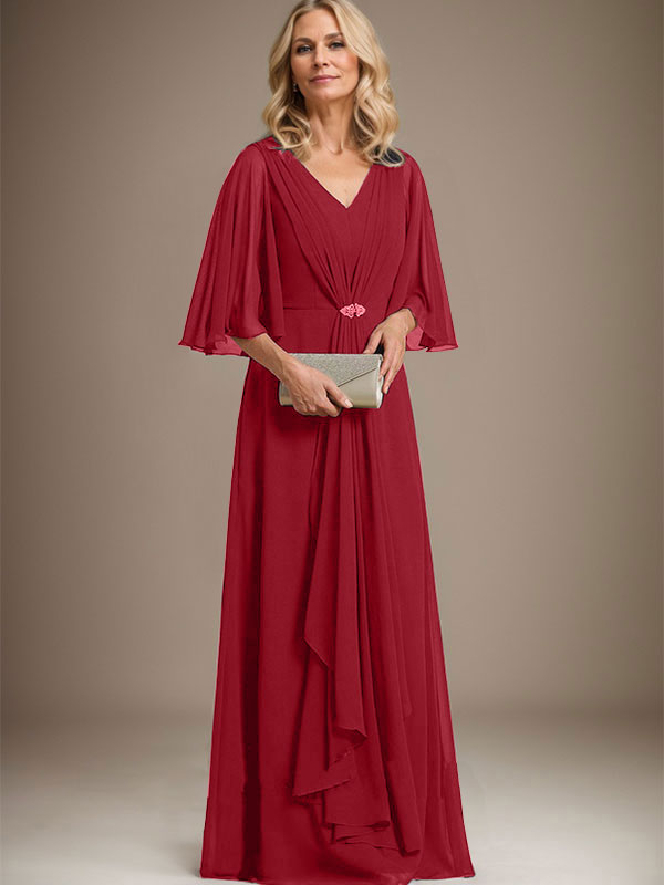 Vestido de gasa para madre de la novia, corte A, escote en V, largo hasta el suelo, con volantes en cascada y broche de cristal