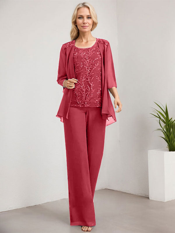 Vestido de madre de la novia de gasa con encaje, largo hasta el suelo, con lentejuelas y mono/pantalón separado