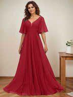 Vestido de gasa para madre de la novia, corte A, escote en V, largo hasta el suelo, con apliques de lentejuelas y encaje plisado