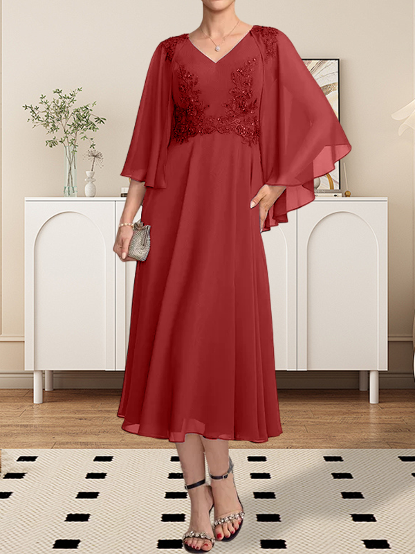 A-Linie V-Ausschnitt Wadenlanges Chiffon-Spitzenkleid für die Brautmutter mit Perlen und Pailletten