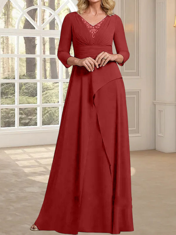 Vestido de gasa para madre de la novia con escote en V, largo hasta el suelo, con pliegues y cuentas