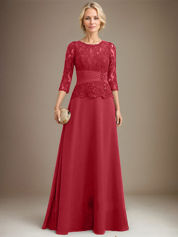 Vestido de gasa con encaje, corte A, ilusión, largo hasta el suelo, para madre de la novia, con lentejuelas plisadas y abalorios
