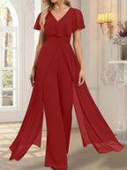 Vestido de noche de gasa con escote en V y largo hasta el suelo, tipo mono/pantalón
