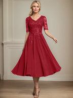 Vestido de gasa con encaje y lentejuelas para madre de la novia, corte A, escote en V y largo hasta la rodilla
